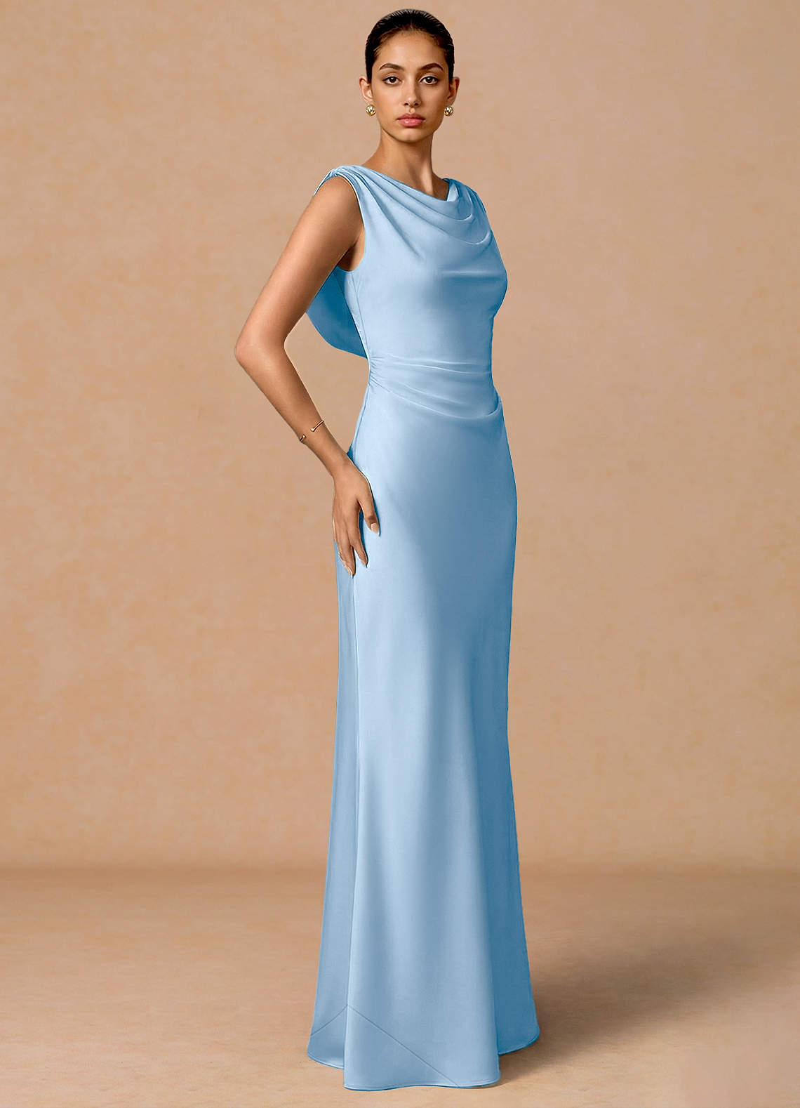 Evarine Sheath Boat-Neck Stretch Satin Evening Dress in Haze blue