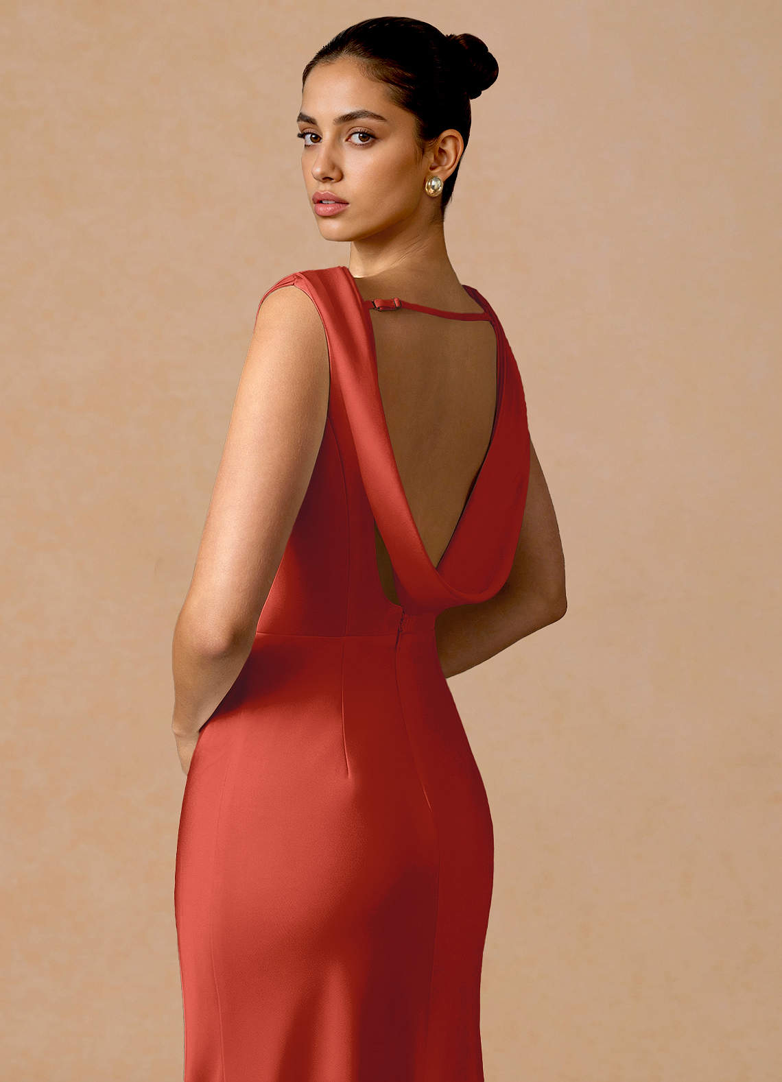 Evarine Sheath Boat-Neck Stretch Satin Evening Dress in Rust