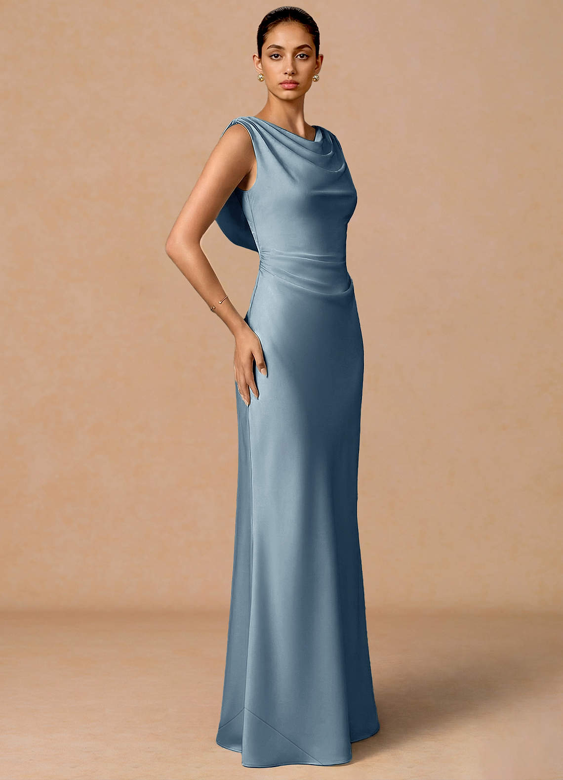 Evarine Sheath Boat-Neck Stretch Satin Evening Dress in Powder Blue