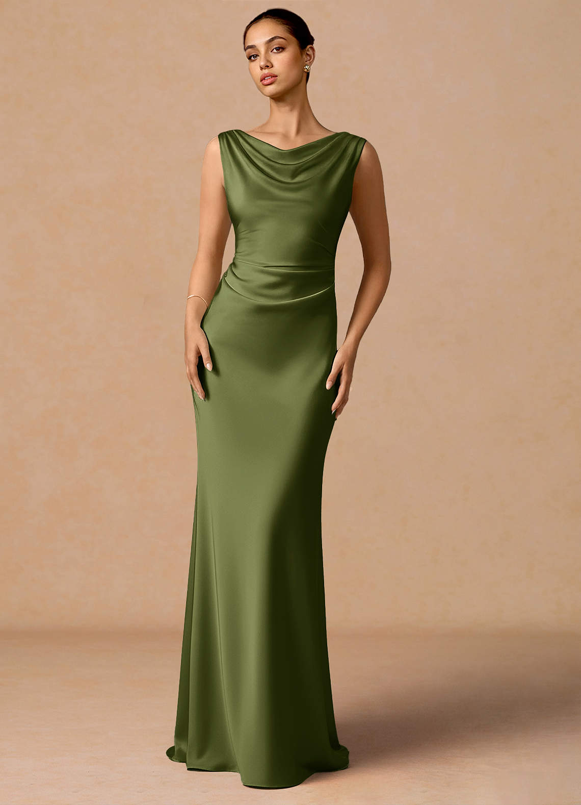 Evarine Sheath Boat-Neck Stretch Satin Evening Dress in Olive