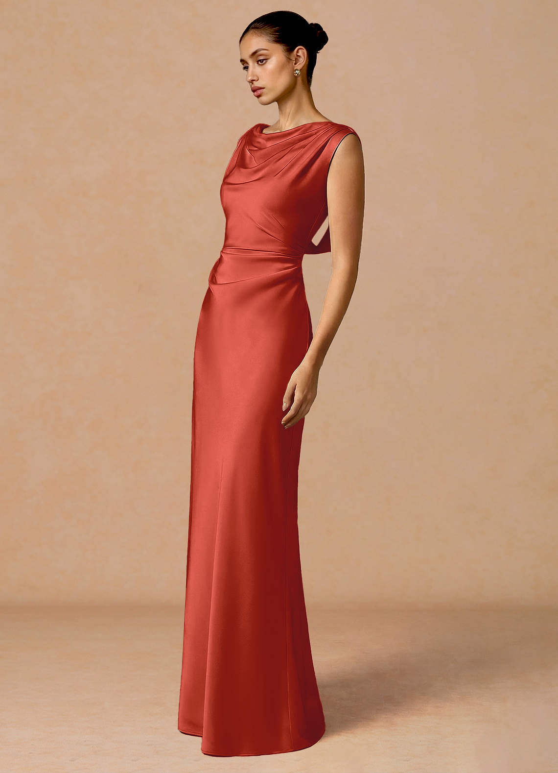 Evarine Sheath Boat-Neck Stretch Satin Evening Dress in Rust