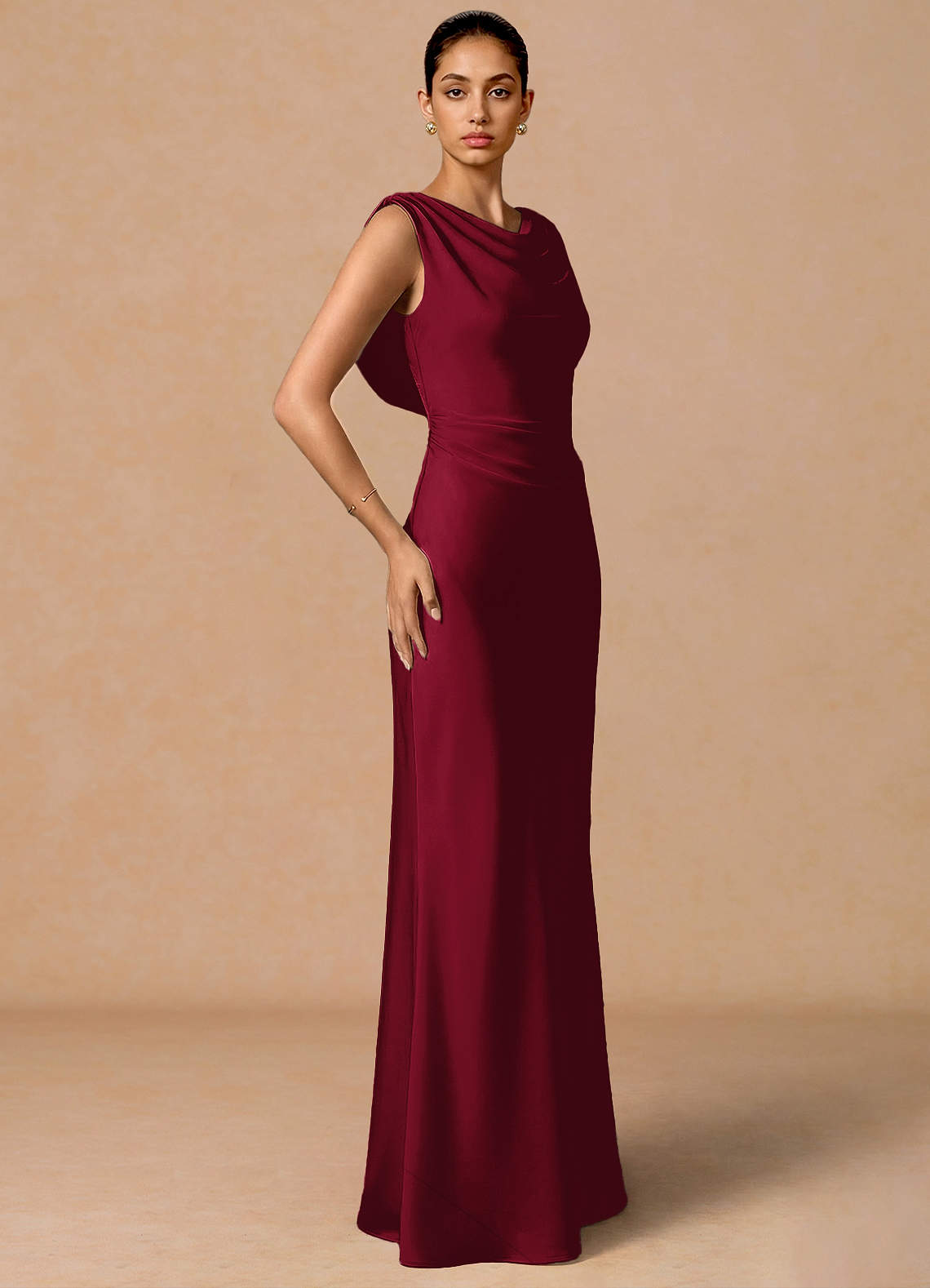 Evarine Sheath Boat-Neck Stretch Satin Evening Dress in Herb Green