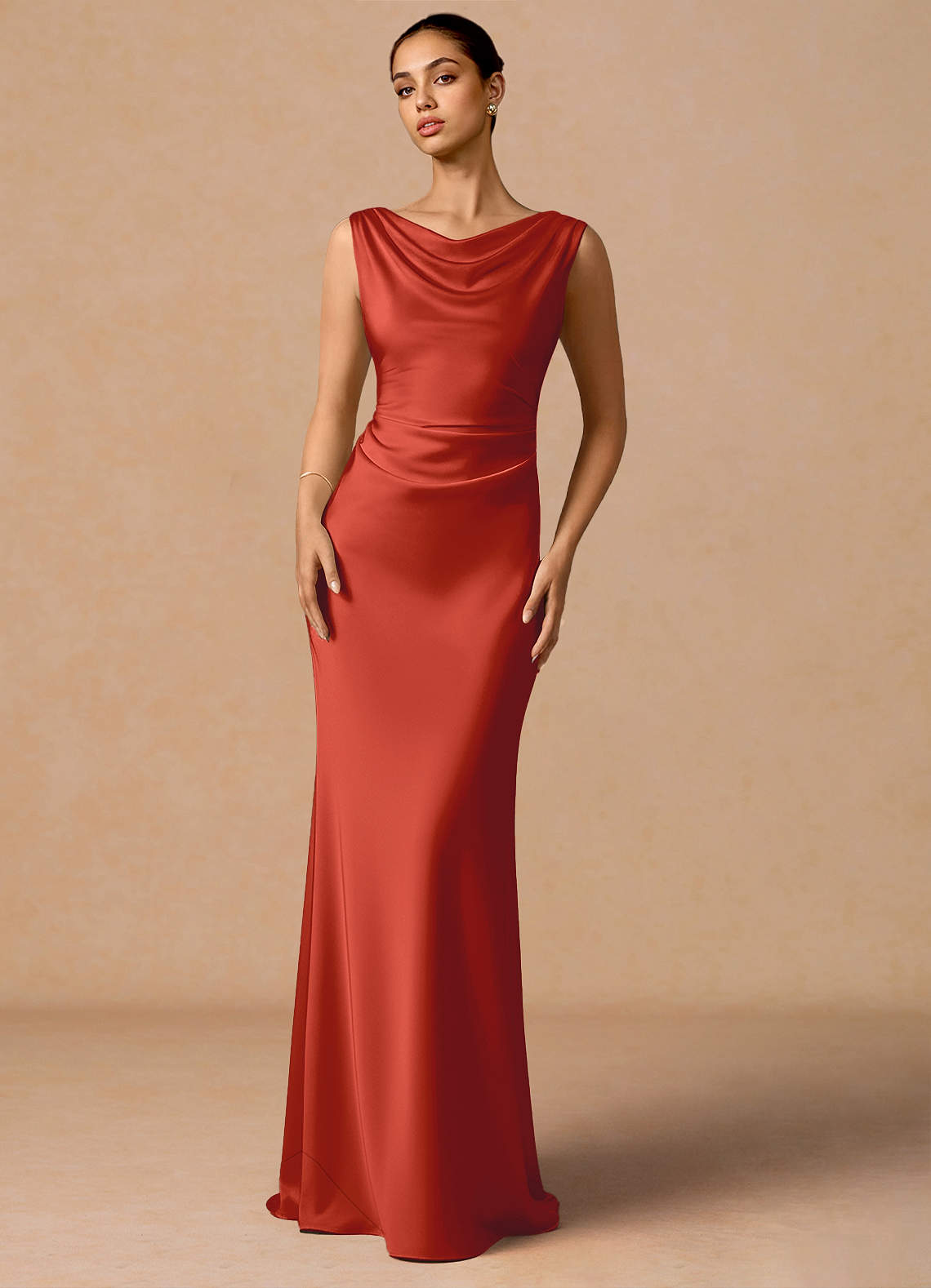 Evarine Sheath Boat-Neck Stretch Satin Evening Dress in Rust