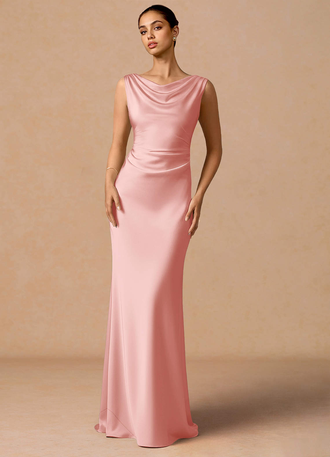 Evarine Sheath Boat-Neck Stretch Satin Evening Dress in Haze Pink