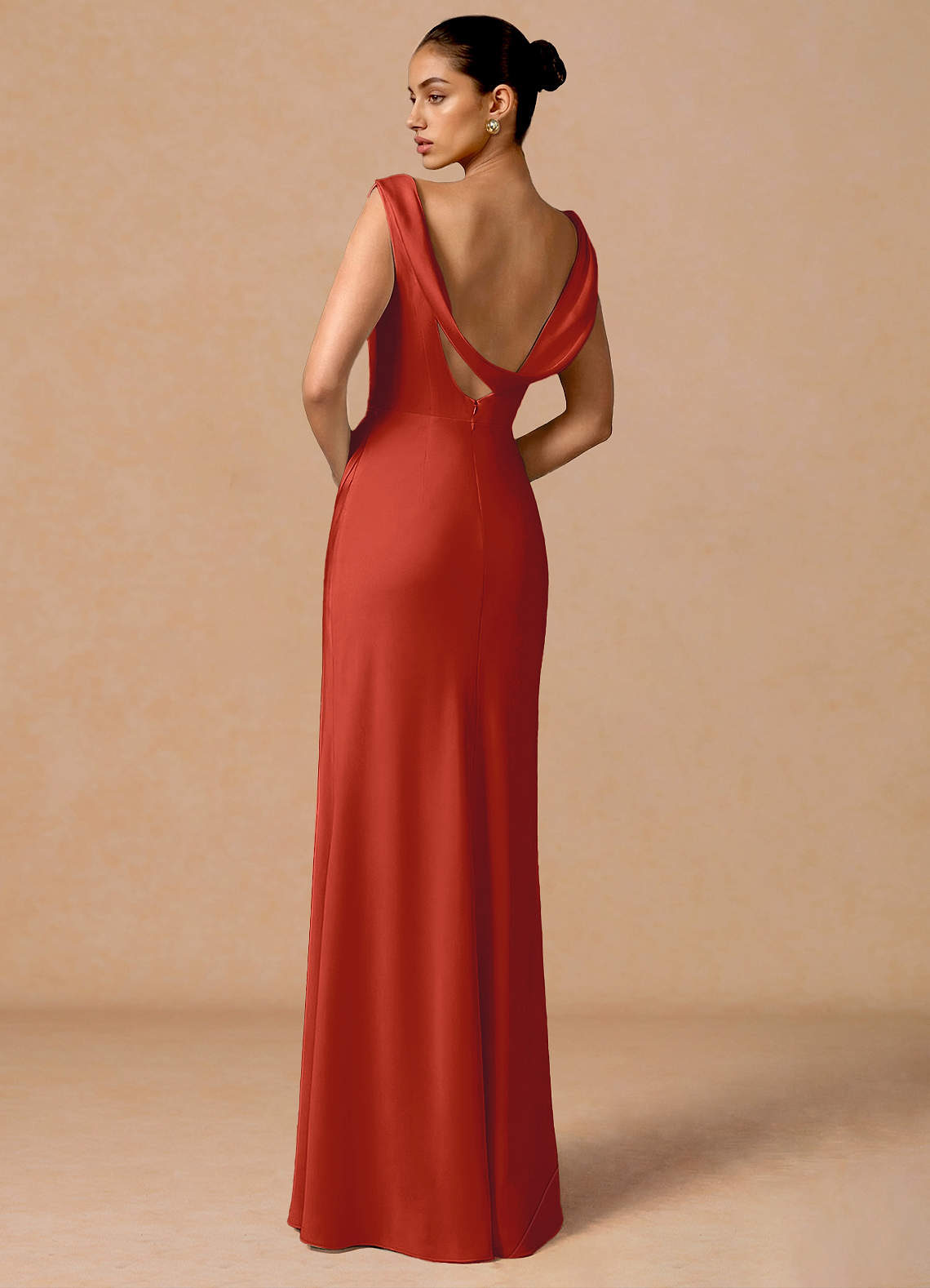 Evarine Sheath Boat-Neck Stretch Satin Evening Dress in Rust