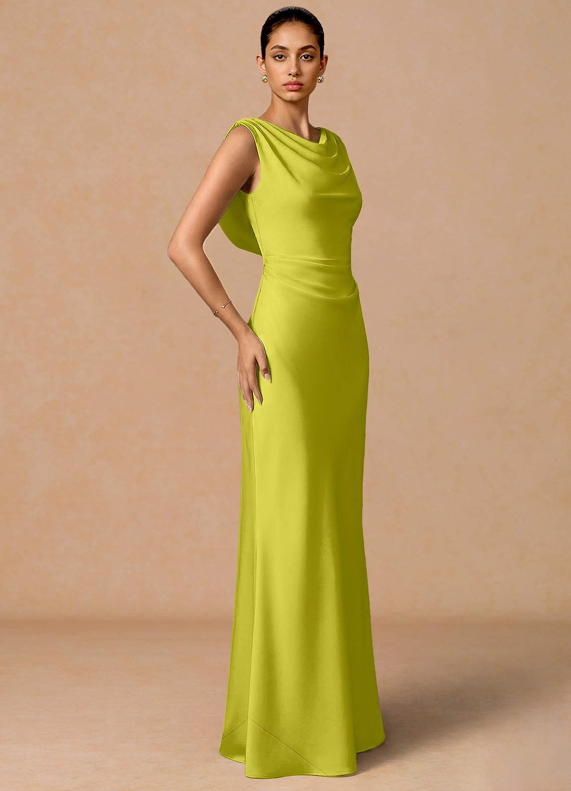 Evarine Sheath Boat-Neck Stretch Satin Evening Dress in Lemon Green