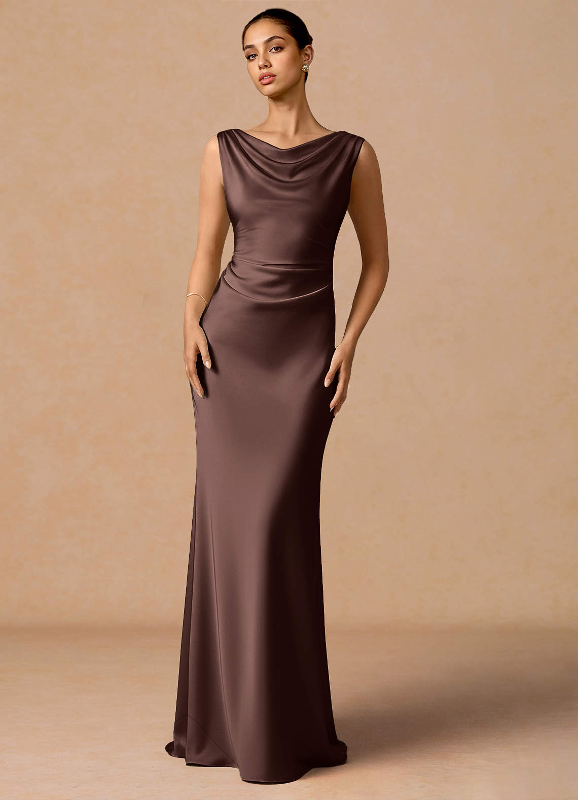 Evarine Sheath Boat-Neck Stretch Satin Evening Dress in Truffle