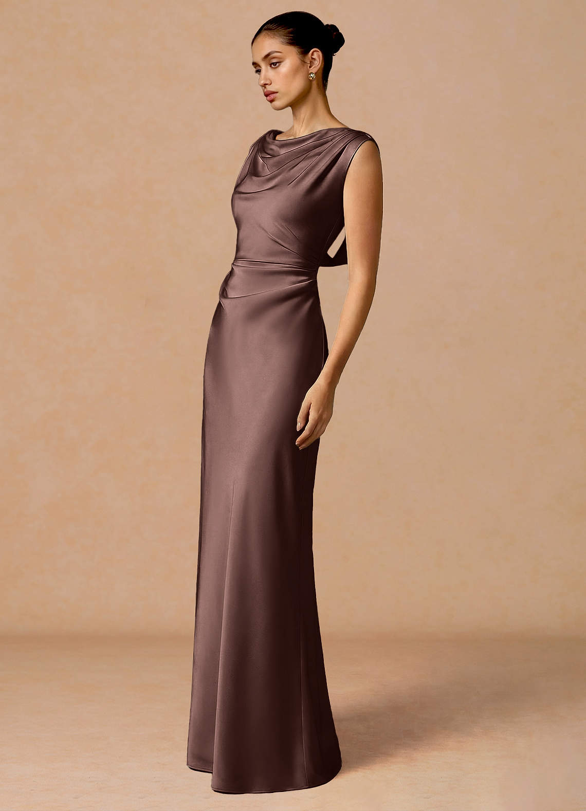 Evarine Sheath Boat-Neck Stretch Satin Evening Dress in Truffle