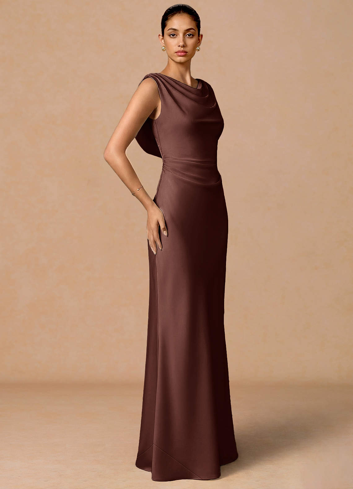 Evarine Sheath Boat-Neck Stretch Satin Evening Dress in Mocha Coco
