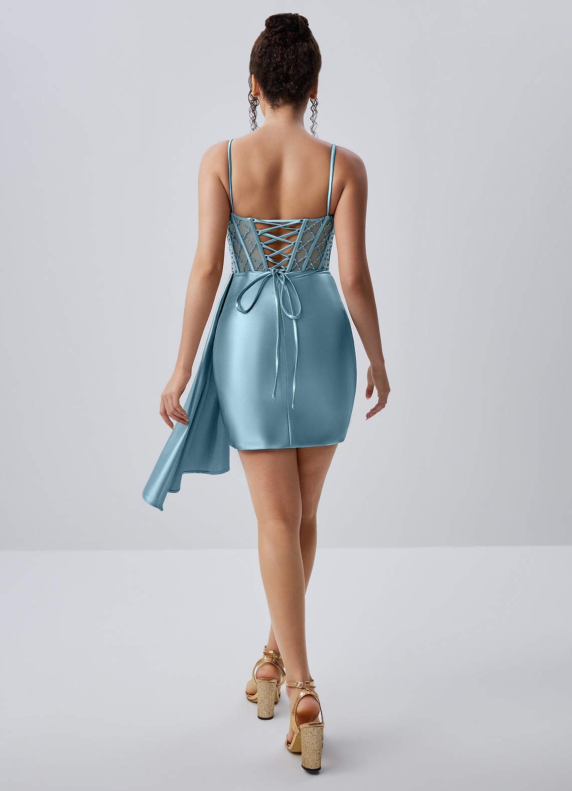 Evlineaange Bodycon Mini Corset Stretch Satin Prom Dress in dusty blue