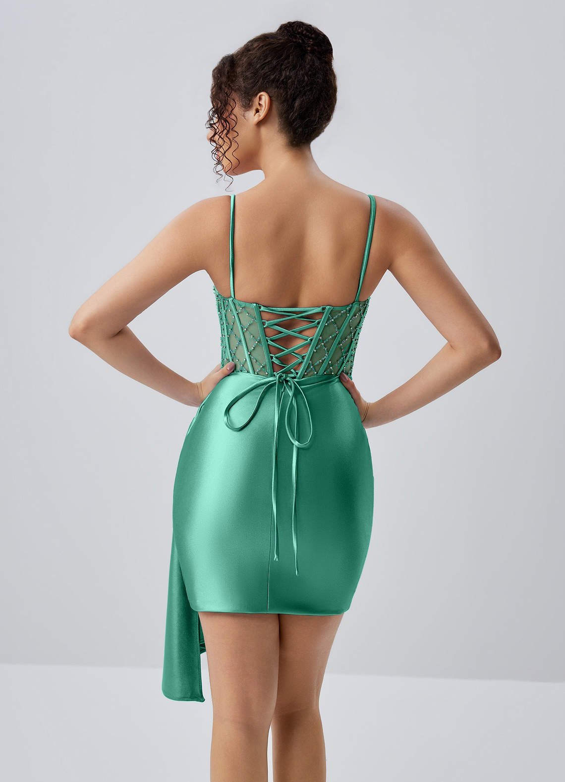 Evlineaange Bodycon Mini Corset Stretch Satin Prom Dress in Basil