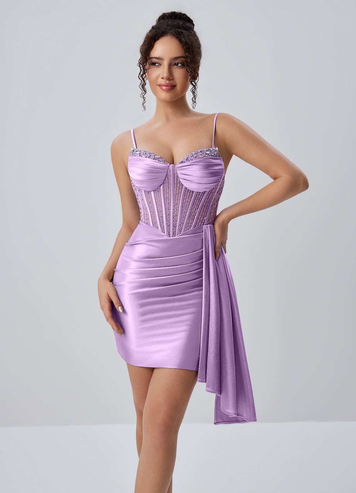 Evlineaange Bodycon Mini Corset Stretch Satin Prom Dress in Wisteria