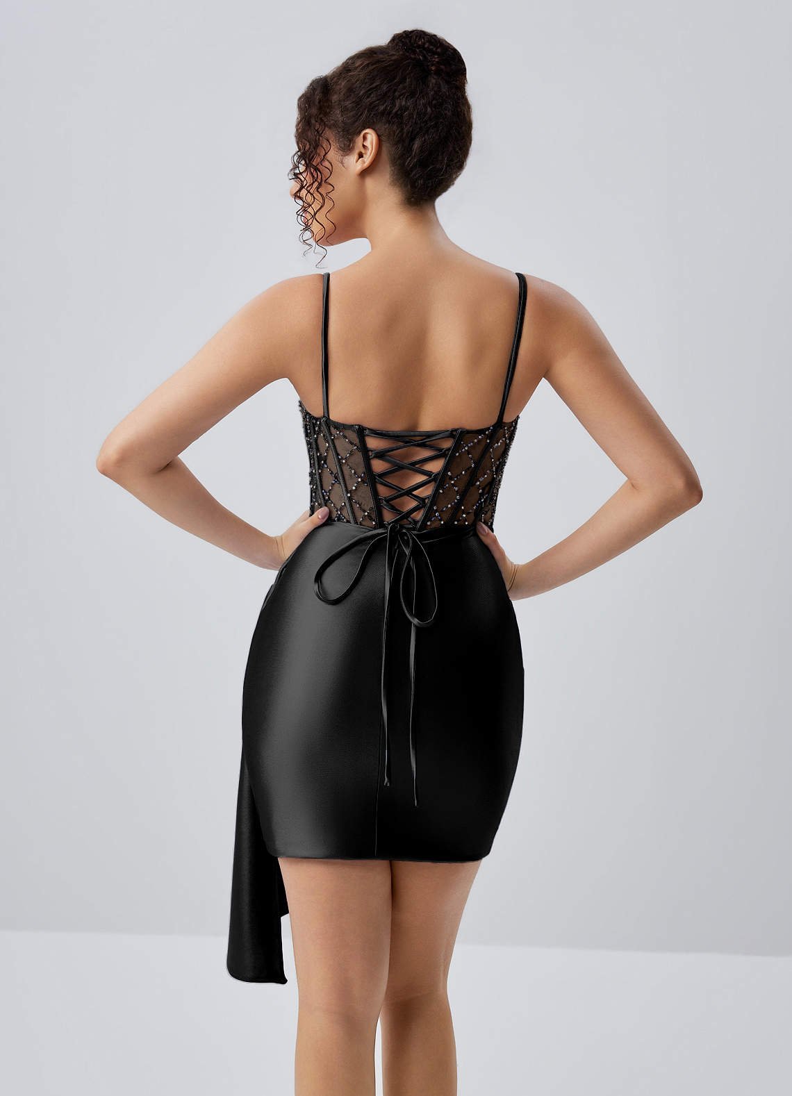 Evlineaange Bodycon Mini Corset Stretch Satin Prom Dress in black