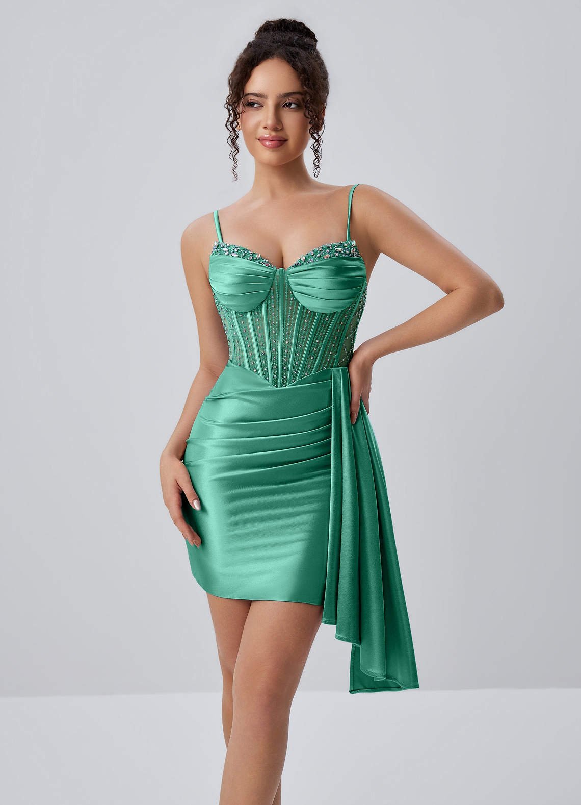 Evlineaange Bodycon Mini Corset Stretch Satin Prom Dress in Basil