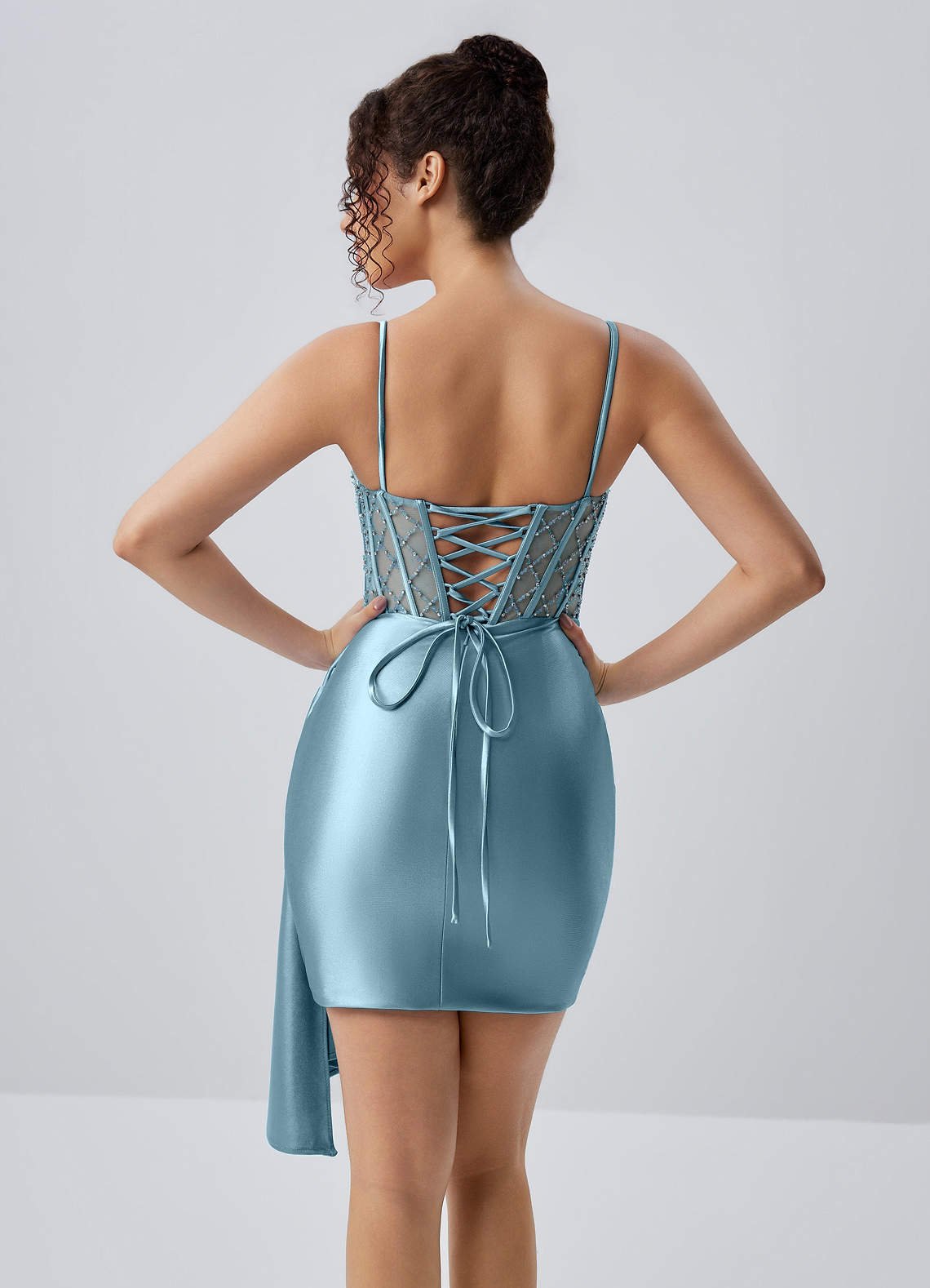 Evlineaange Bodycon Mini Corset Stretch Satin Prom Dress in dusty blue