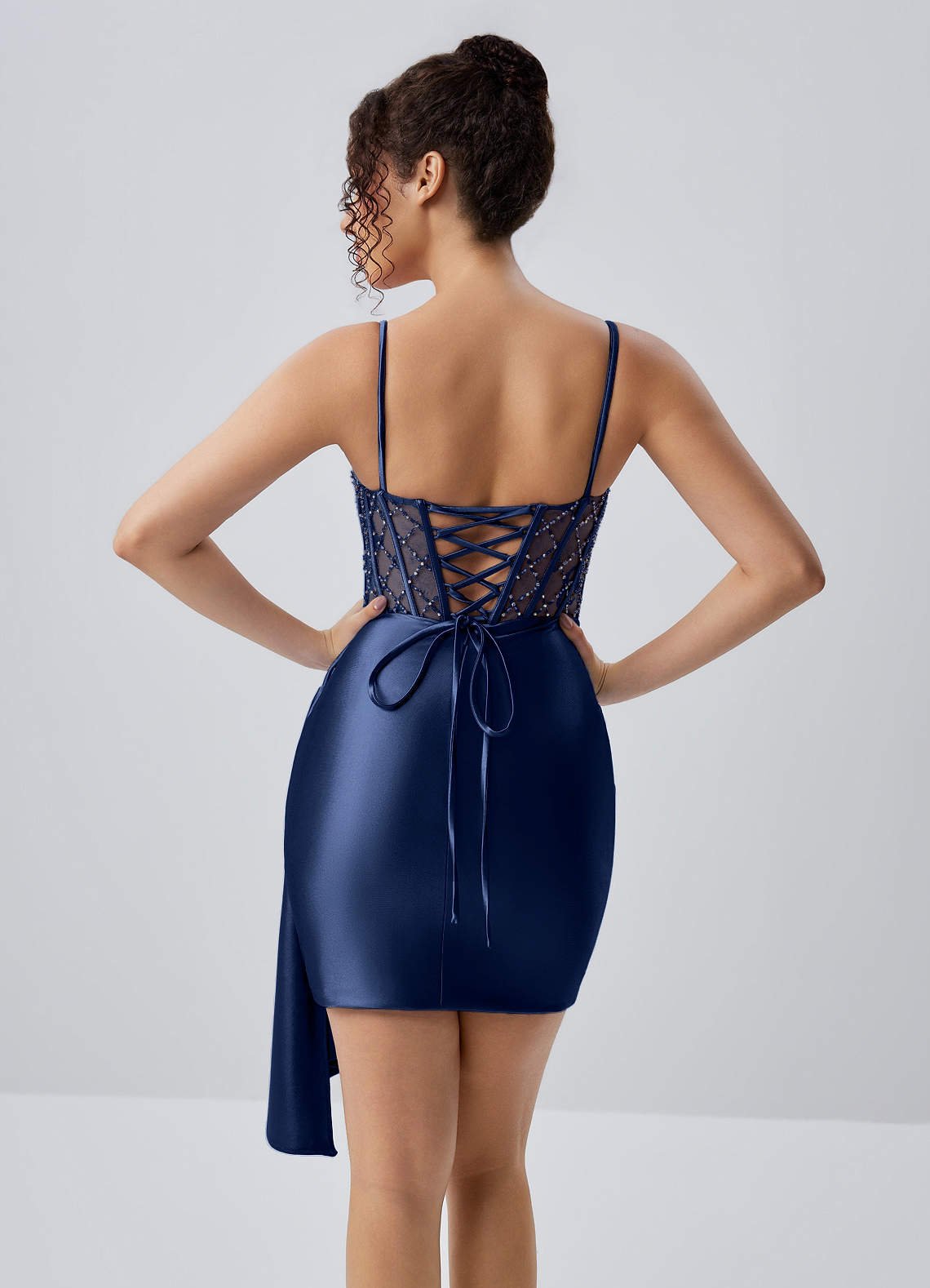 Evlineaange Bodycon Mini Corset Stretch Satin Prom Dress in Dark Navy