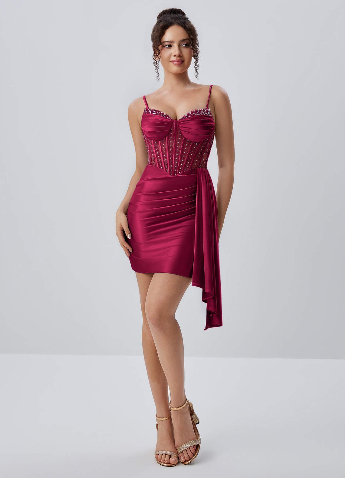 Evlineaange Bodycon Mini Corset Stretch Satin Prom Dress in Burgundy