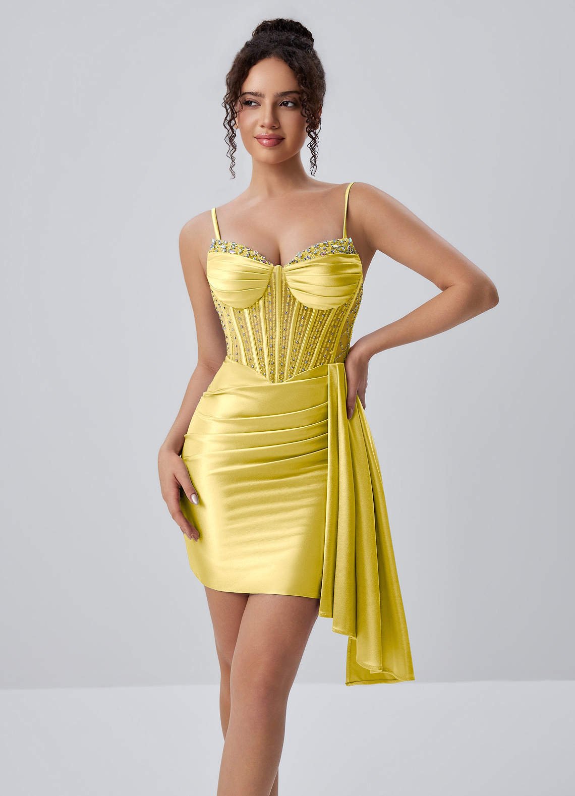 Evlineaange Bodycon Mini Corset Stretch Satin Prom Dress in Lemon Sorbet