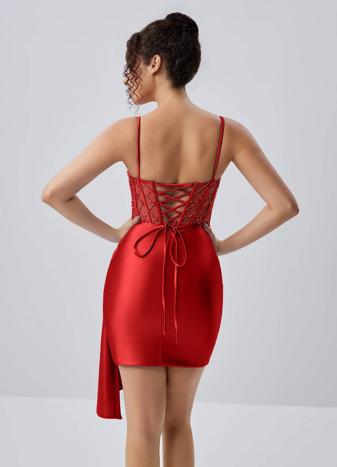 Evlineaange Bodycon Mini Corset Stretch Satin Prom Dress in Red