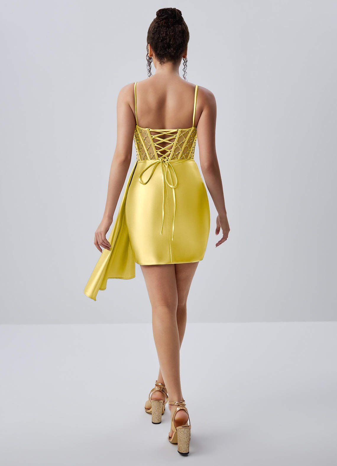 Evlineaange Bodycon Mini Corset Stretch Satin Prom Dress in Lemon Sorbet