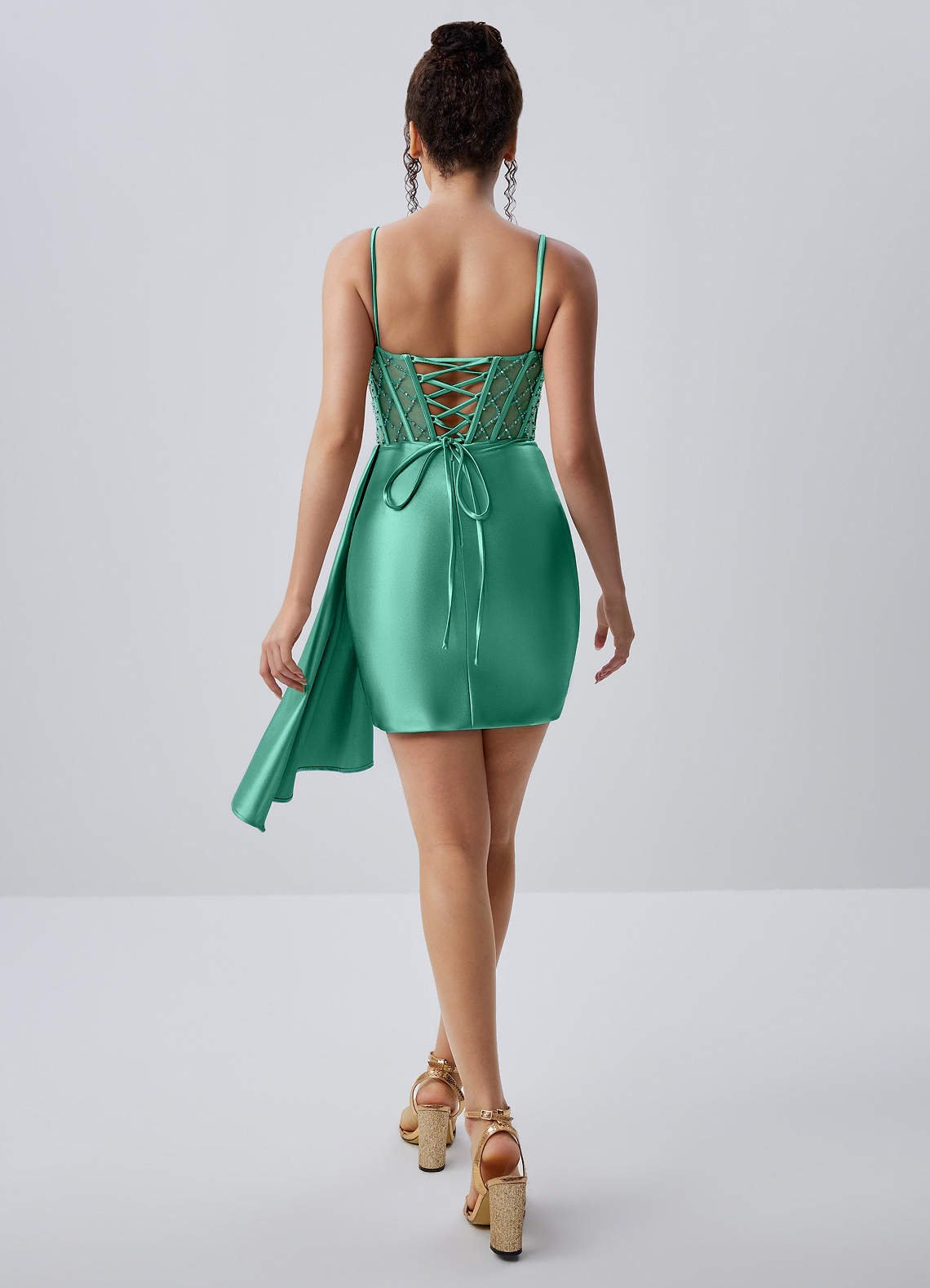 Evlineaange Bodycon Mini Corset Stretch Satin Prom Dress in Basil