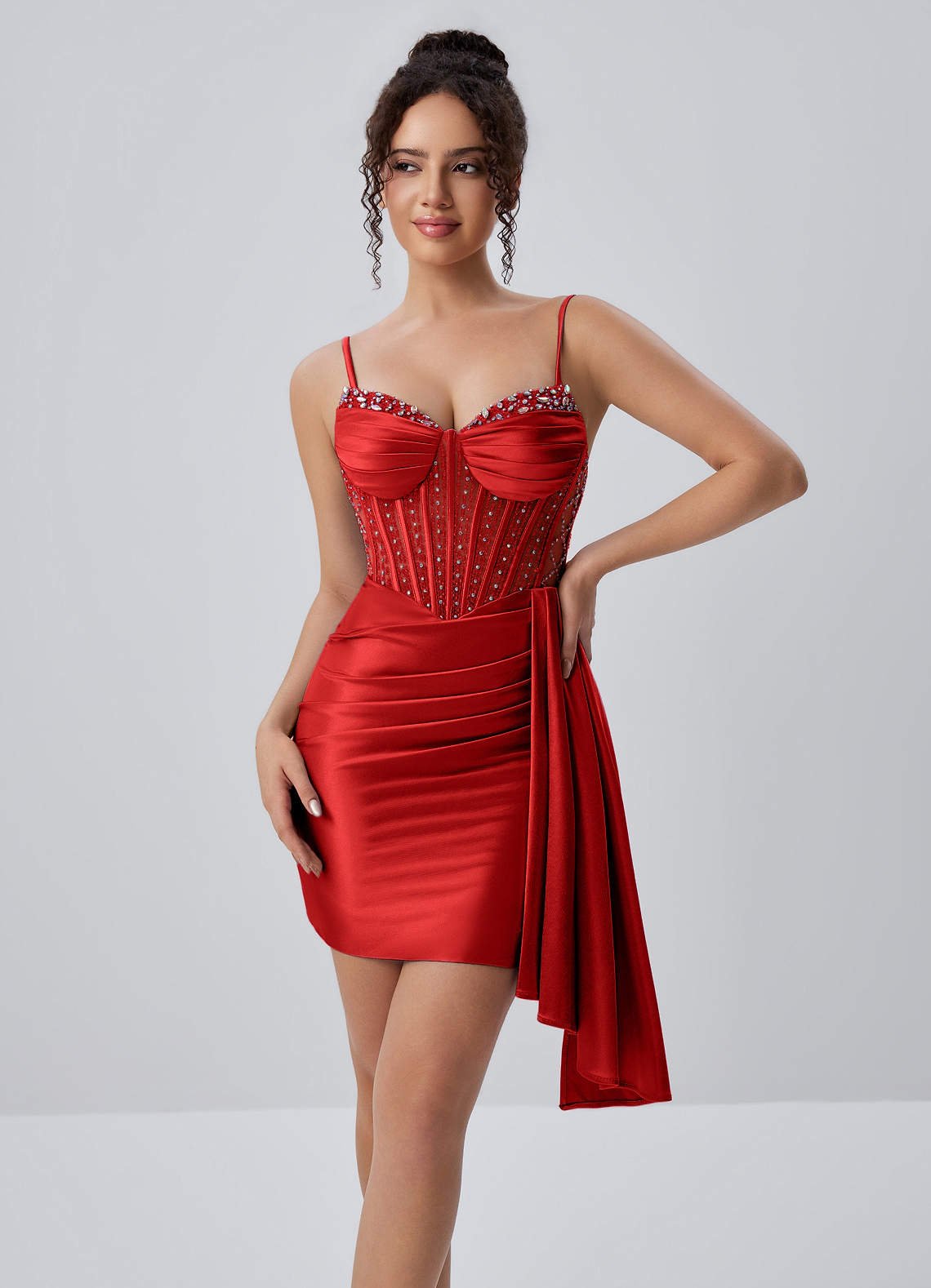 Evlineaange Bodycon Mini Corset Stretch Satin Prom Dress in Red