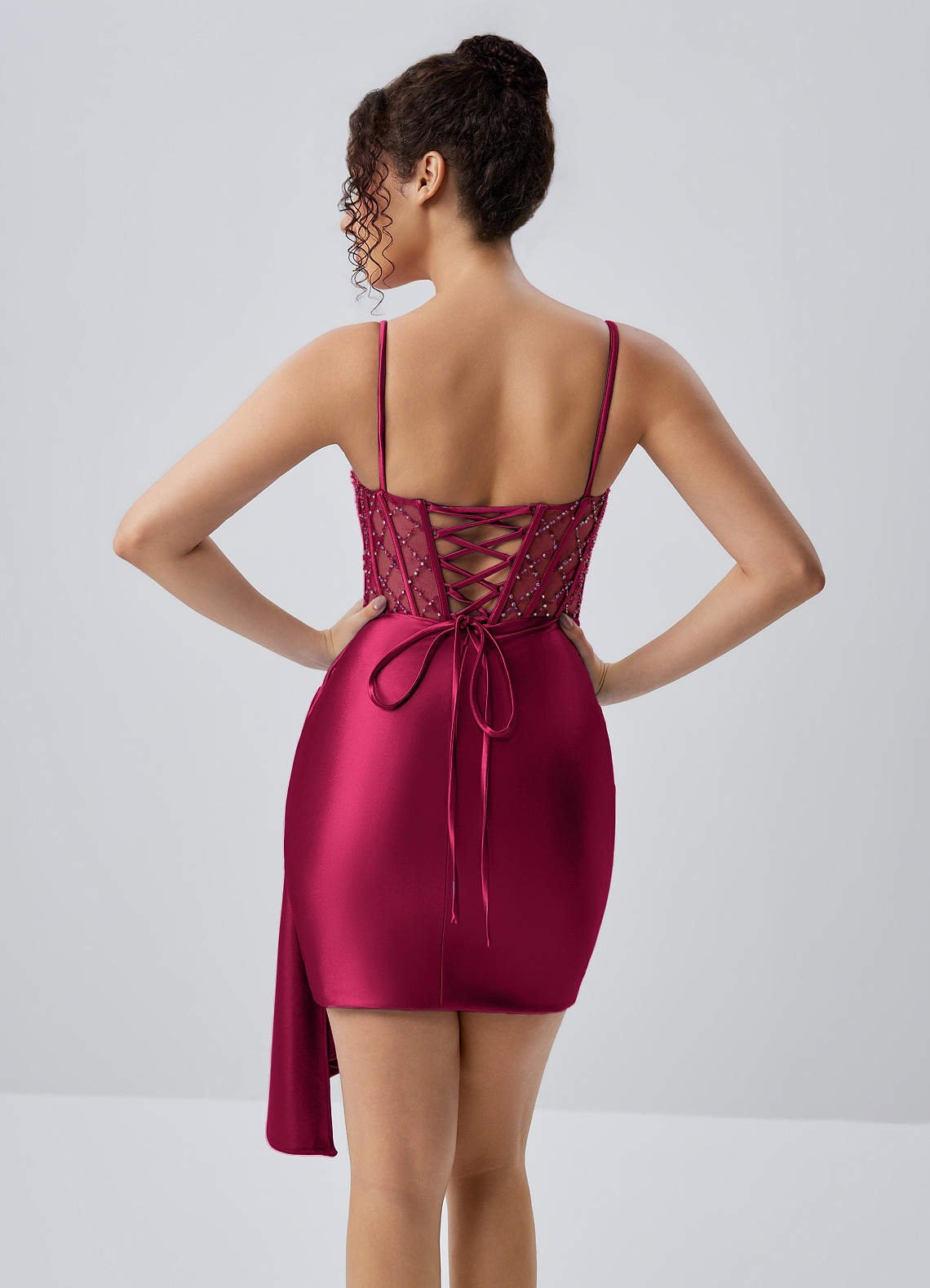 Evlineaange Bodycon Mini Corset Stretch Satin Prom Dress in Burgundy