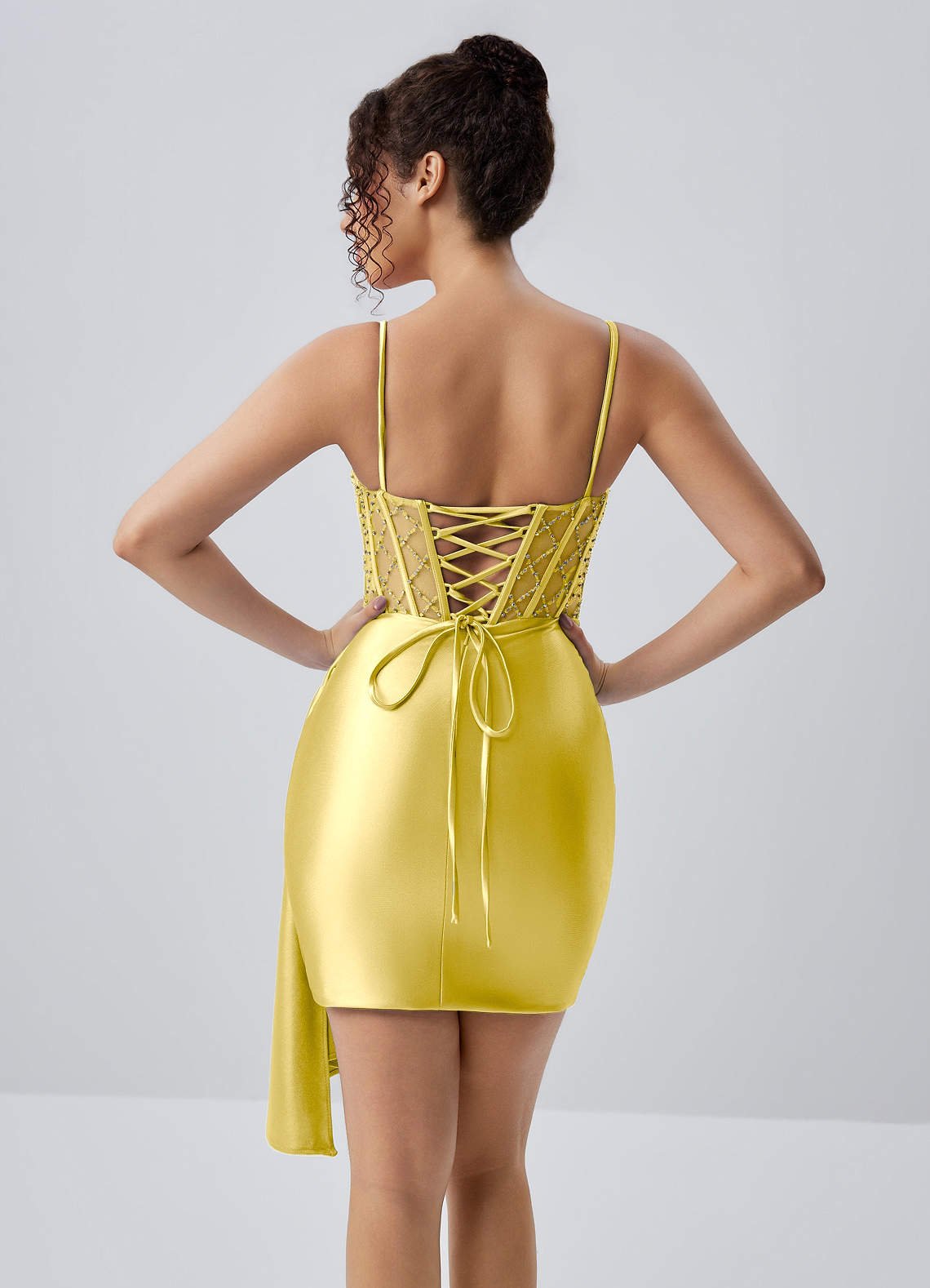 Evlineaange Bodycon Mini Corset Stretch Satin Prom Dress in Lemon Sorbet