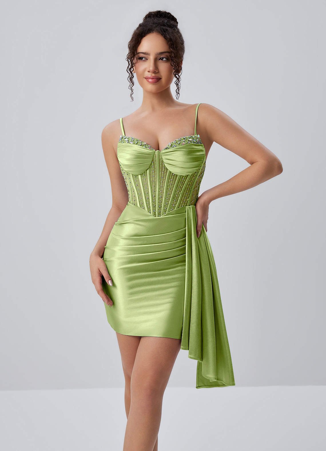 Evlineaange Bodycon Mini Corset Stretch Satin Prom Dress in Dusty Green