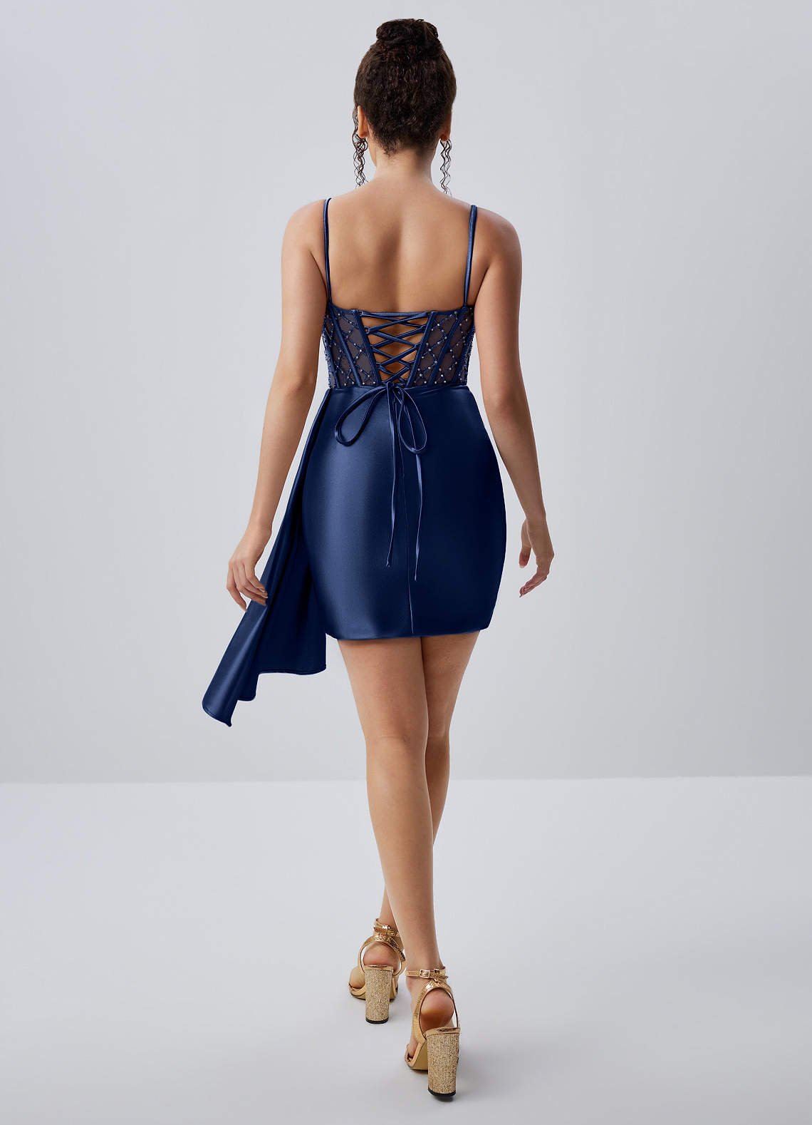 Evlineaange Bodycon Mini Corset Stretch Satin Prom Dress in Dark Navy