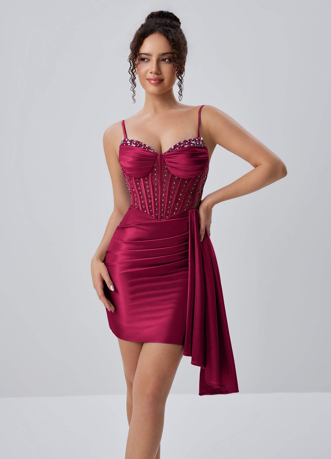 Evlineaange Bodycon Mini Corset Stretch Satin Prom Dress in Burgundy