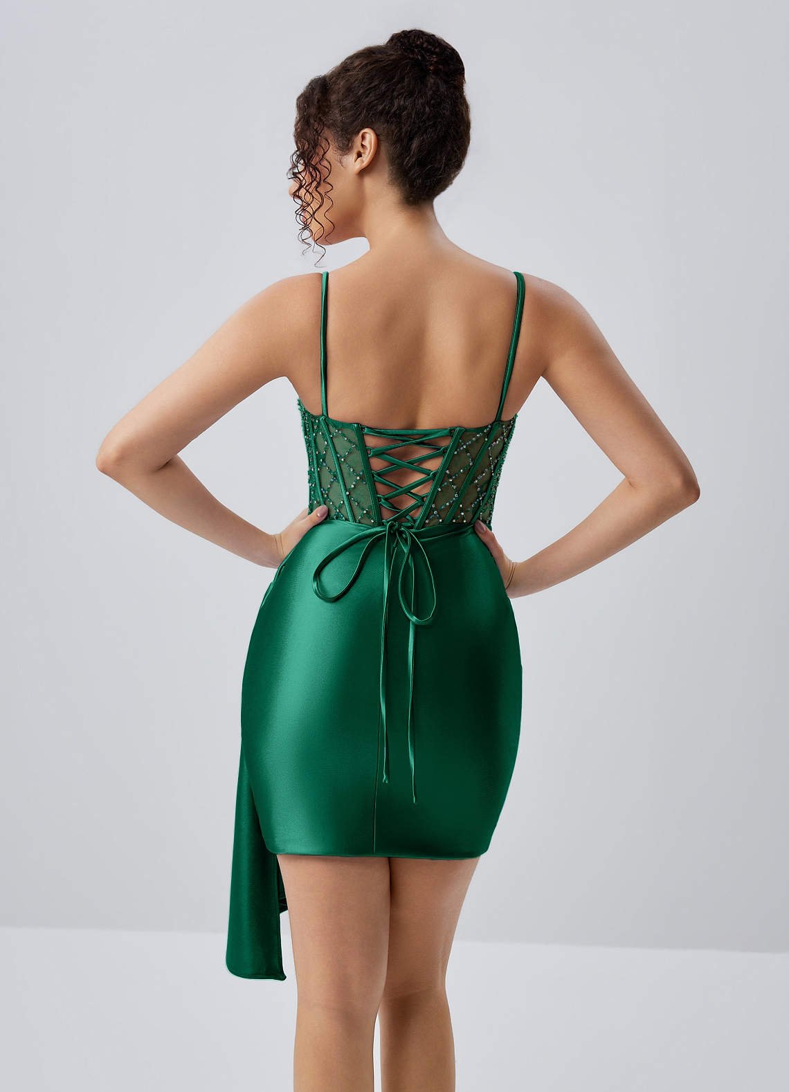 Evlineaange Bodycon Mini Corset Stretch Satin Prom Dress in Dark Green