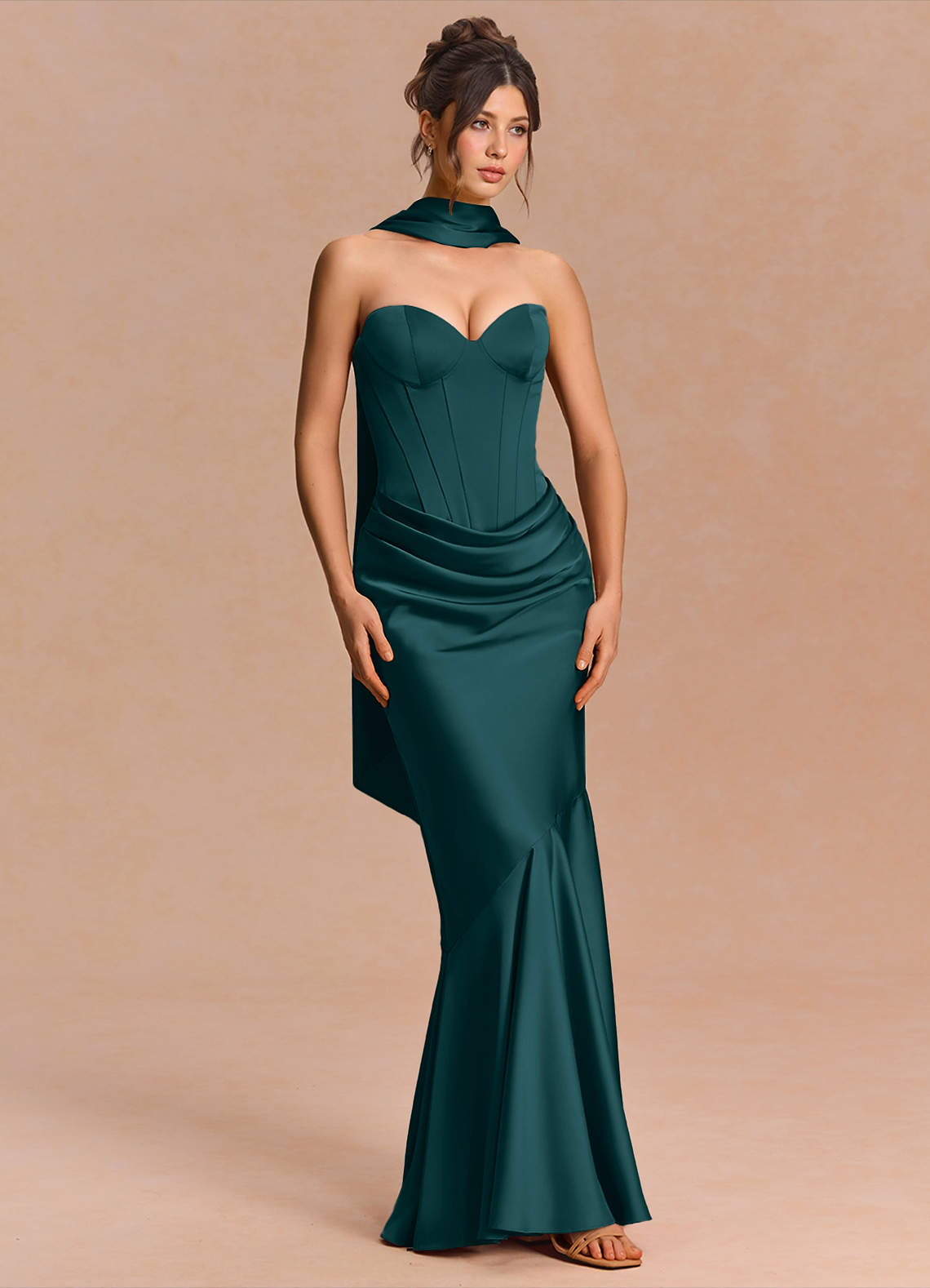 Euphemia Mermaid Strapless Stretch Satin Evening Dress in Forest Green
