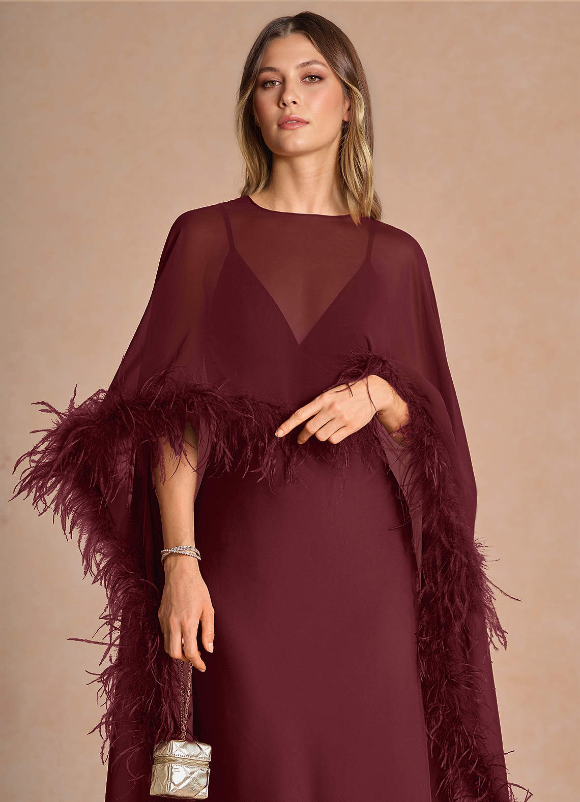 Samara Sheath Feather-Trim Satin Chiffon Wedding Guest Dress in Wine
