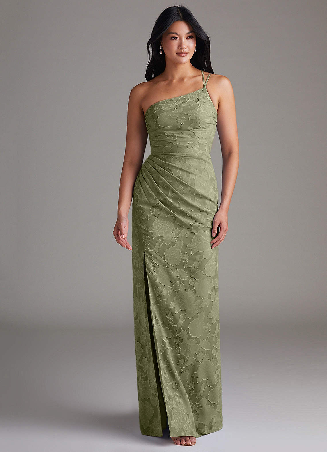 Eren Sheath One-Shoulder Floral Burnout Bridesmaid Dress in Pistachio