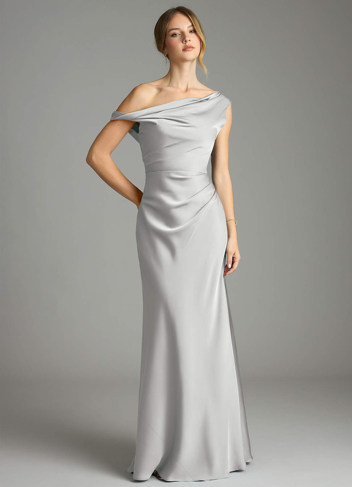 Emerson Mermaid One-Shoulder Stretch Satin Bridesmaid Dress in Silver