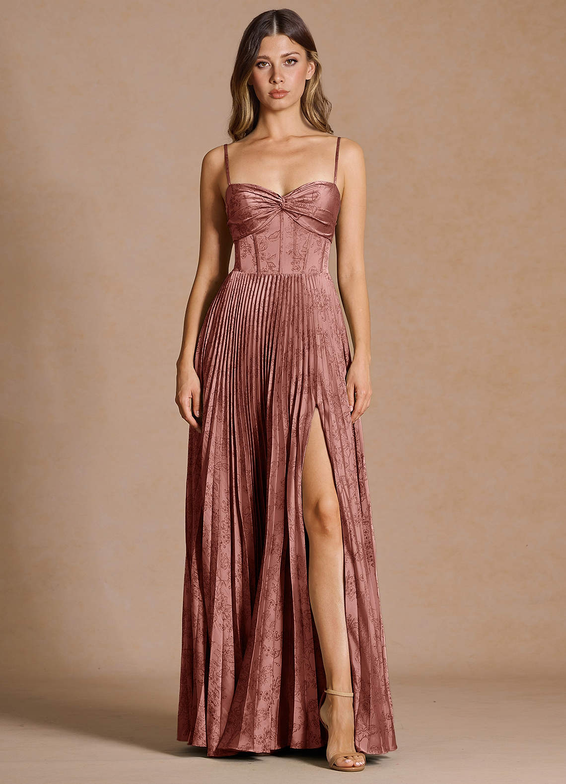 Vesper Pleated Knot-Neck Jacquard Wedding Guest Dress in Moss Navy