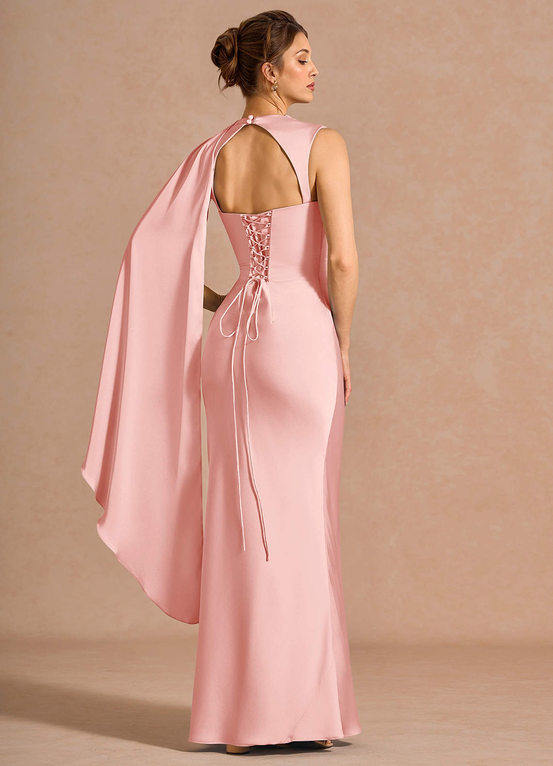 Chesney Cape-Sleeve Pleated Stretch Satin Wedding Guest Dress in Haze Pink