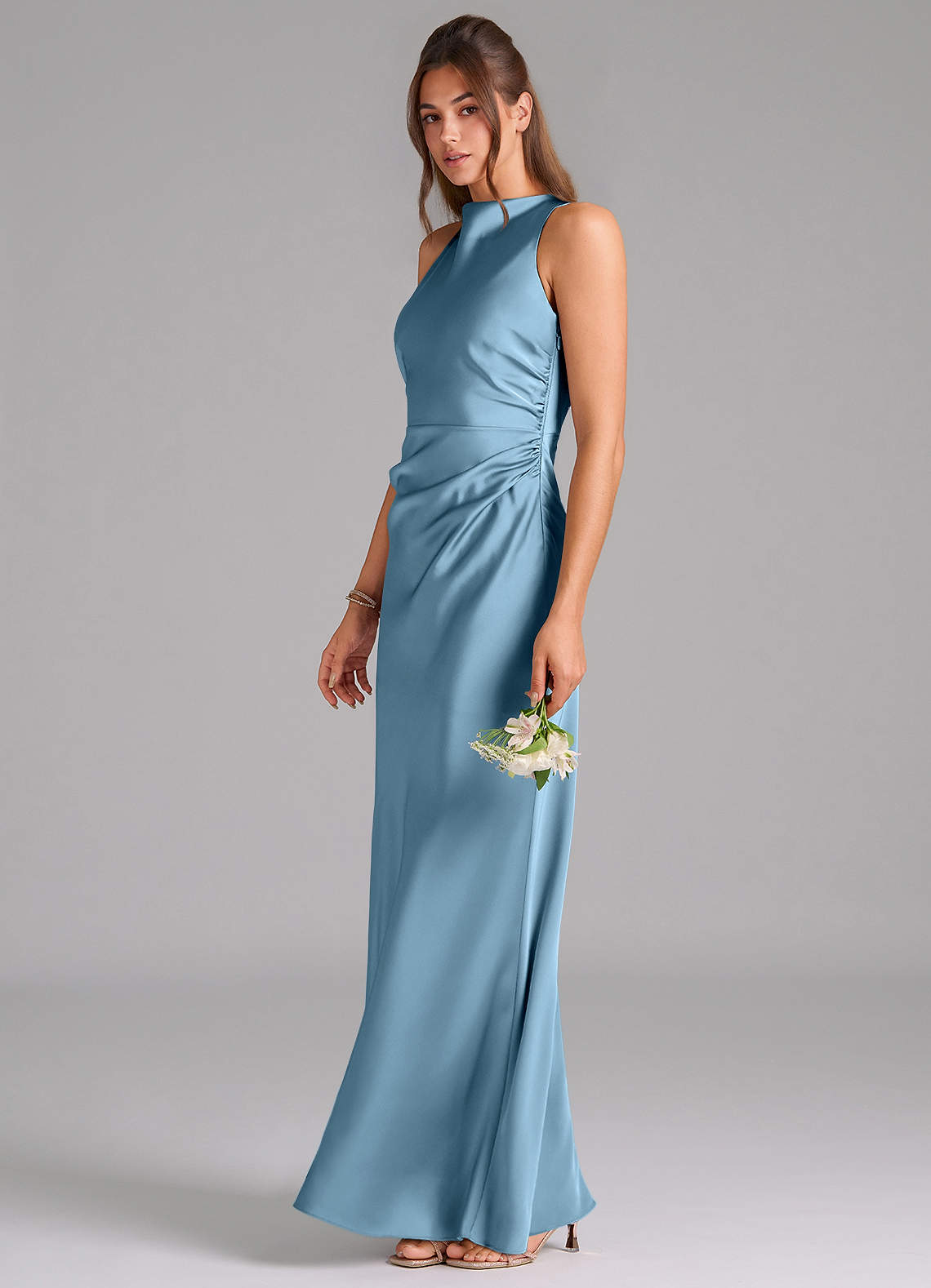 Evadne Sheath Scoop-Neck Stretch Satin Bridesmaid Dress in Steel Blue
