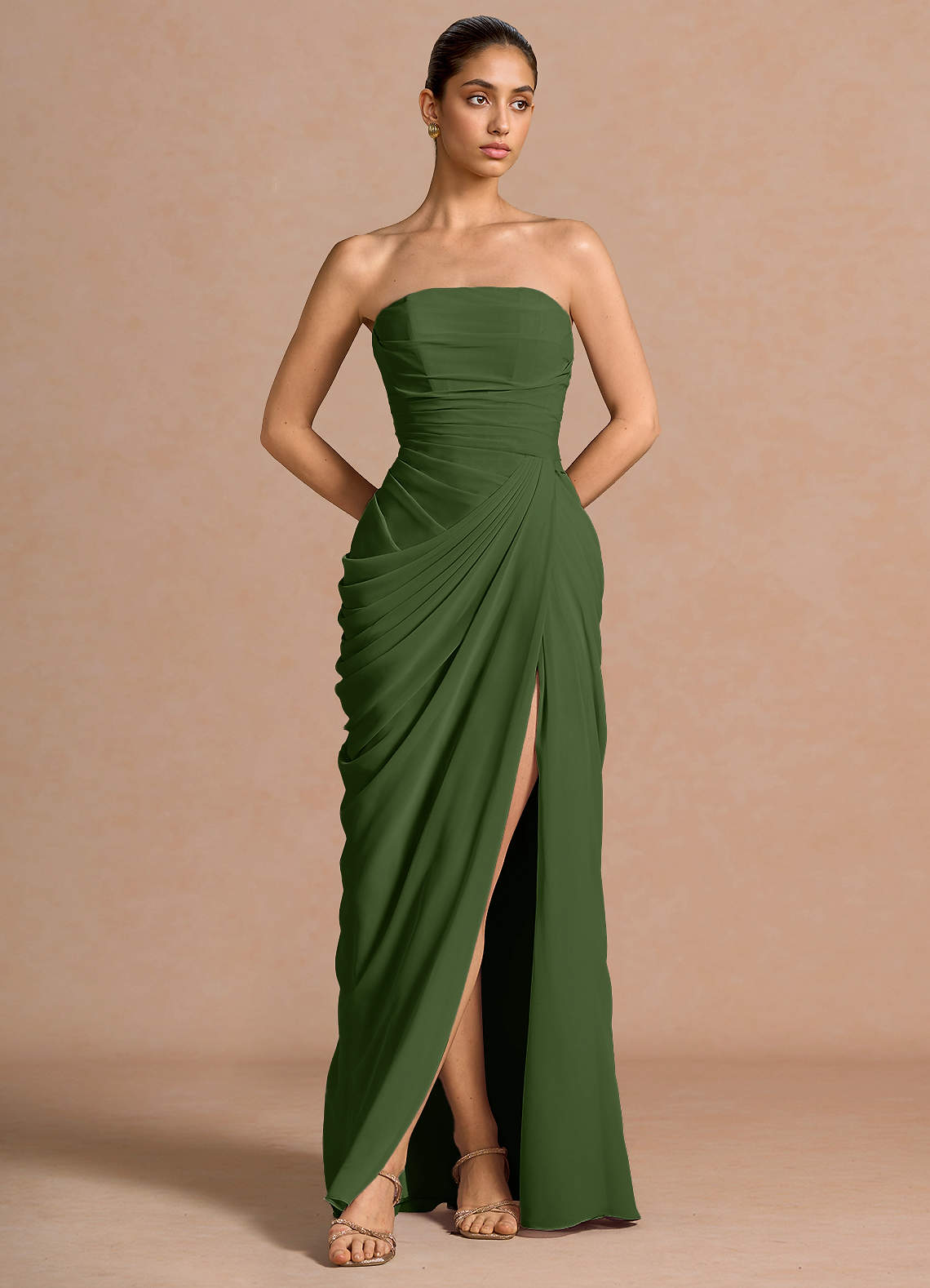 Kaavia Column Pleated Chiffon Maxi Evening Dress in Olive