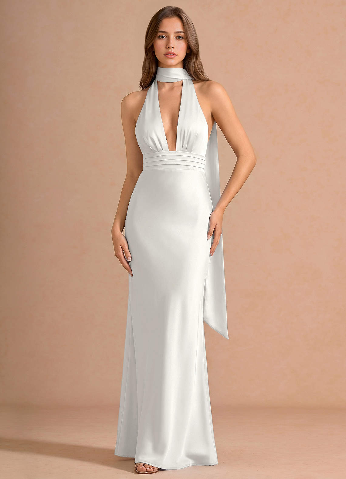 Linnea A-Line V-Neck Stretch Satin Evening Dress in White