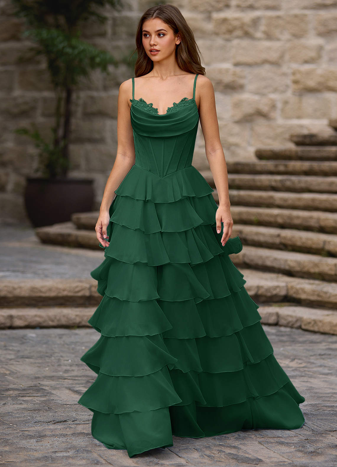 Floralace A-Line Ruffle Chiffon Evening Dress in Emerald Green