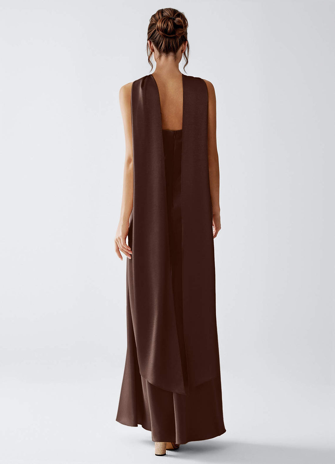 Veronica A-Line Ribbon-Detail Luminous Satin Wedding Guest Dress in ganache