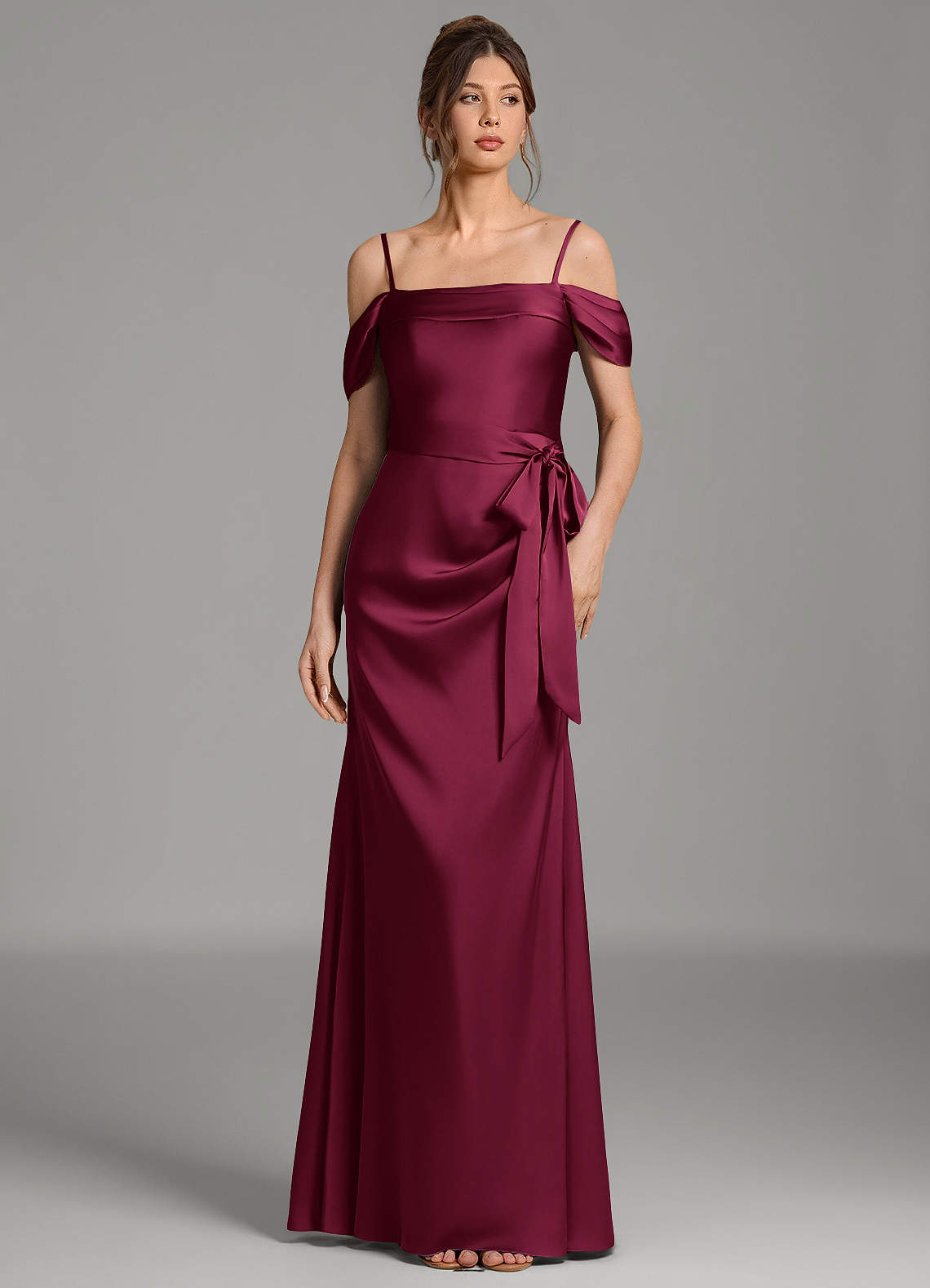 Wyatt Mermaid Off-the-Shoulder Stretch Satin Bridesmaid Dress in Burgundy