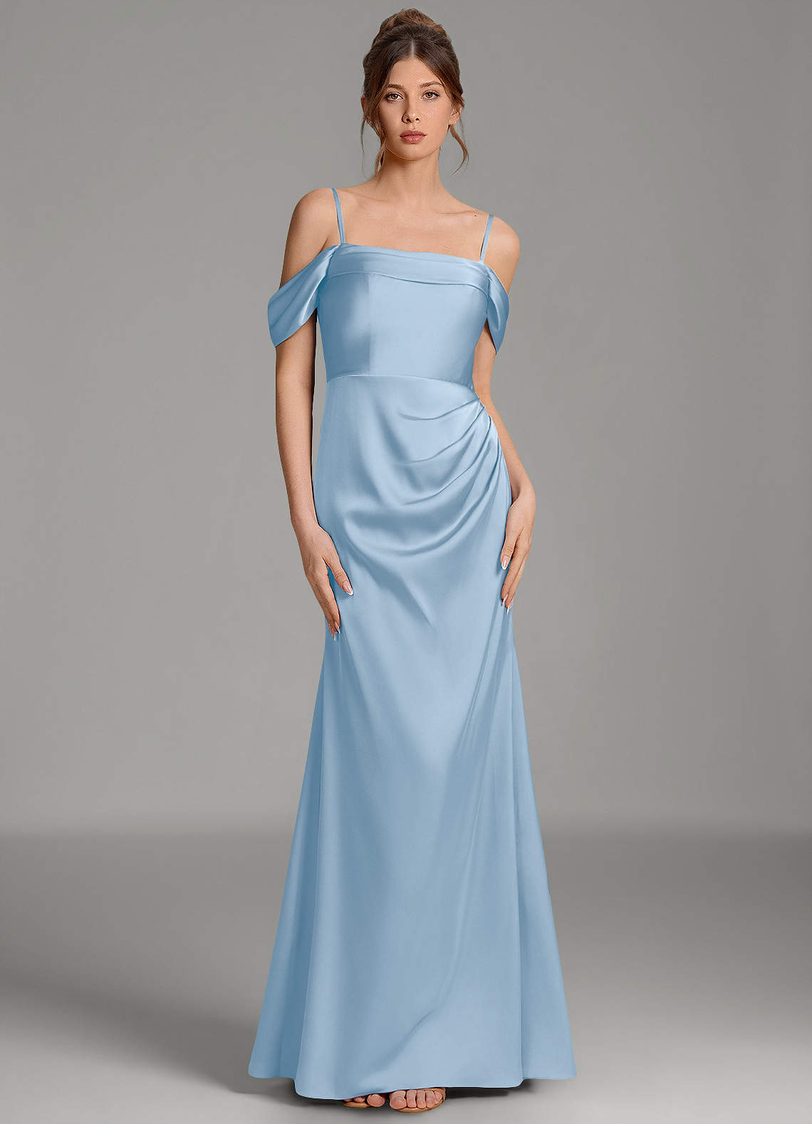 Wyatt Mermaid Off-the-Shoulder Stretch Satin Bridesmaid Dress in Powder Blue