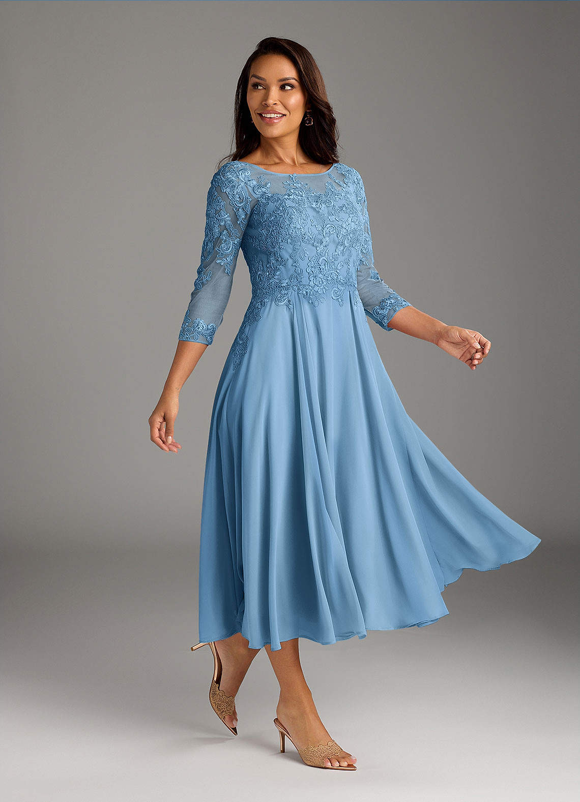 Marge A-Line Scoop-Neck Chiffon and Lace Mother of the Bride Dress in Steel Blue