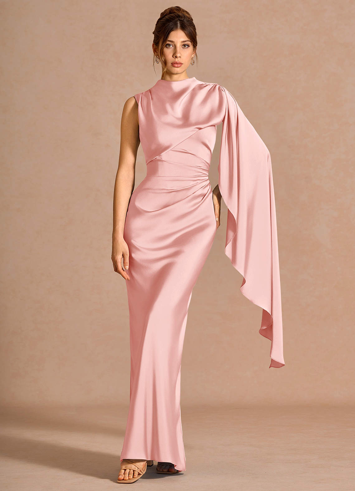 Chesney Cape-Sleeve Pleated Stretch Satin Wedding Guest Dress in Haze Pink