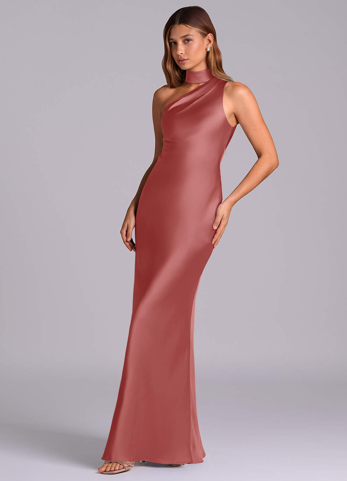 Seona Mermaid One-Shoulder Stretch Satin and Tulle Bridesmaid Dress in Antique Rose
