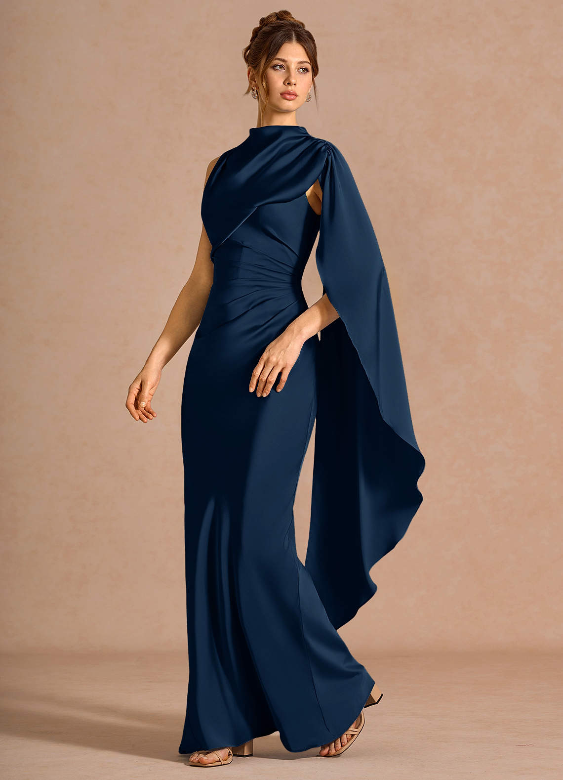 Chesney Cape-Sleeve Pleated Stretch Satin Wedding Guest Dress in Navy