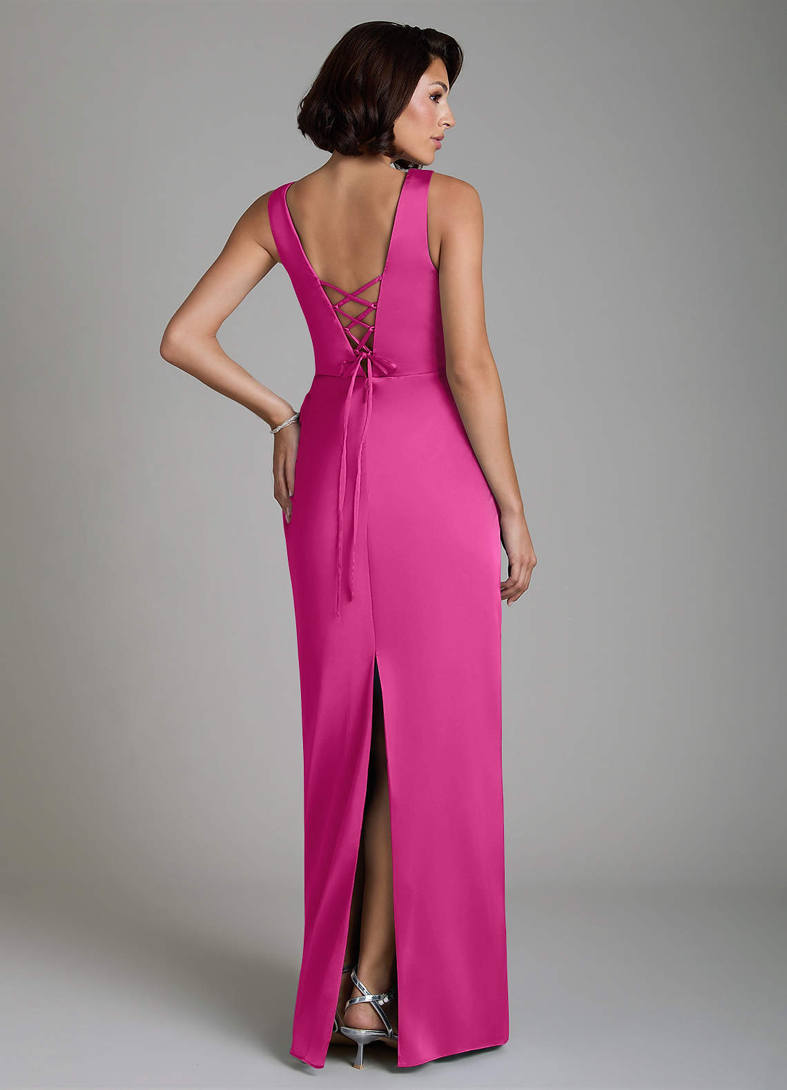 Vanya Sheath V-Neck Stretch Satin Bridesmaid Dress in Fuchsia
